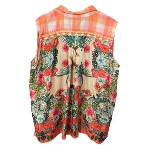 Johnny Was plaid floral mixed media sleeveless with silk print back
